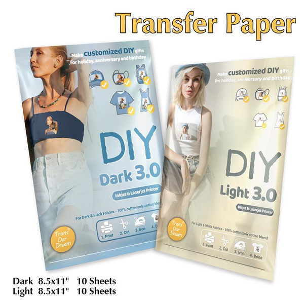 TransOurDream Printable Iron on Heat Transfer Paper Vinyl for Light T  Shirts (10 Sheets 8.5x11, 3.0) HTV for Inkjet & Laserjet Printer,  Transfers