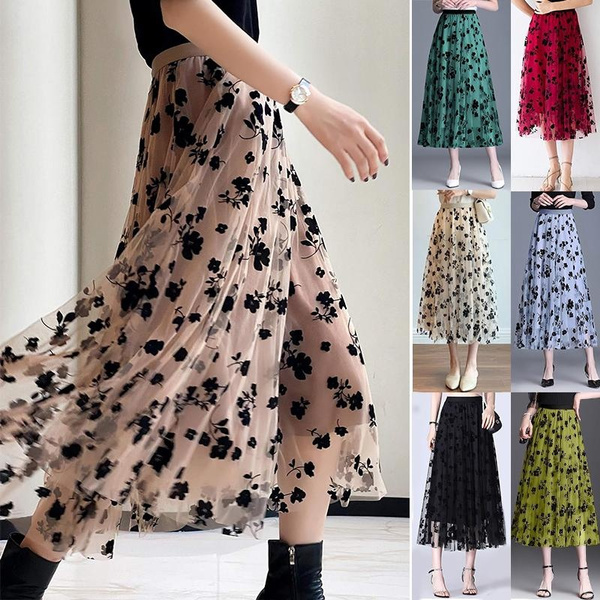 Floral Maxi Skirt Women Mesh Midi Skirt Tulle Frill Floral Swing A