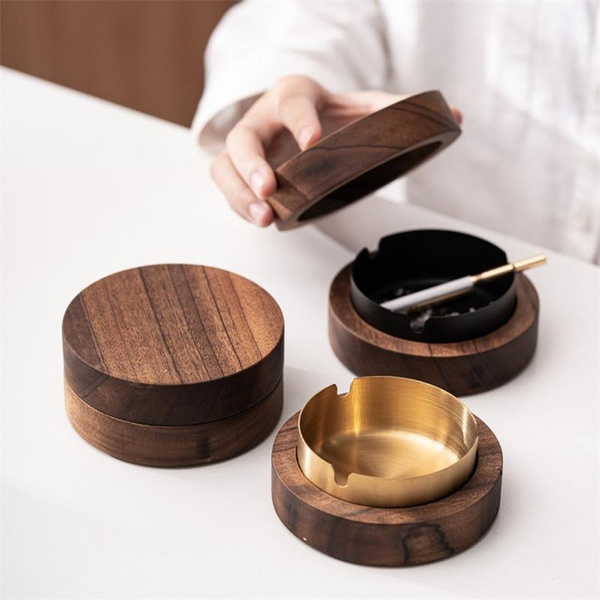 Walnut Wood Ashtrays with Lid Covered Windproof Ashtray with Stainless