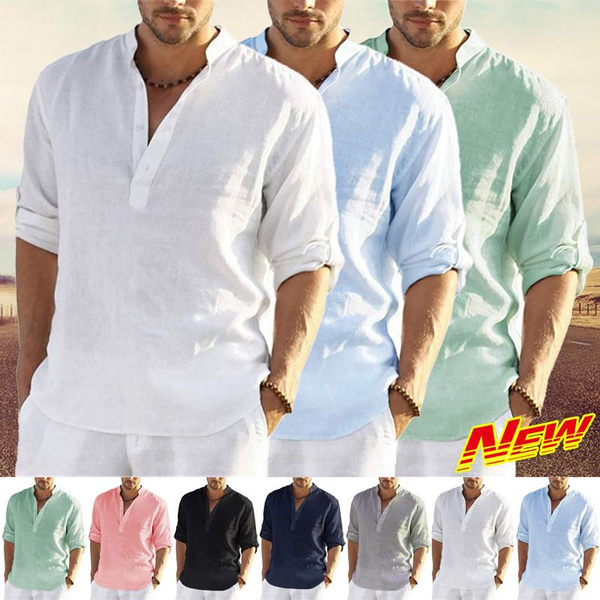 New Men's Clothes Cotton Linen Shirts Fold-Up Shorts Sleeve Tee Shirts ...