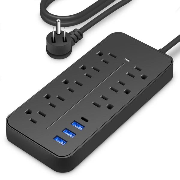 1pc Black Power Strip, Surge Protector With 8 AC Outlets & 3 USB & 1