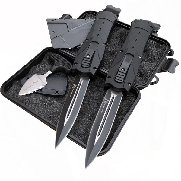 New Year's Gift 9 INCH Knife Set Quick Open Straight Out Jump Switch  Assists Straight Out OTF Knife Double Blade Tactical Outdoor Knife 9 inches  Push Knife + Card Knife + Hand