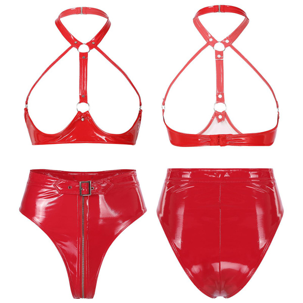 Womens 2 Piece Lingerie Set Stretch Vinyl Quarter Cup Bra Tops with Panties  Teddy