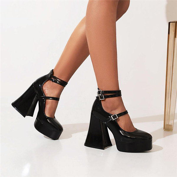 Women Pumps Mary Jane Platform Chunky 12CM High Heels Ankle Strap Dress ...