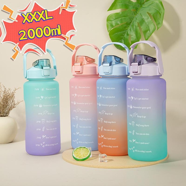 2000ML Half Gallon Large Sports Water Bottle with Time Marker Straw Big Protein Shaker Gourd Cup