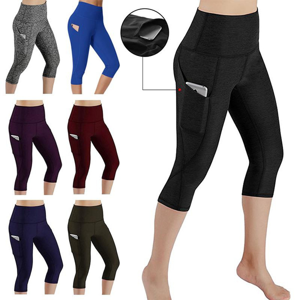 Fashion Women's Stretch Cropped Pants High Waist Skinny Fitness Exercise  Leggings with Pockets Gym Sport Workout Running Pant Comfy Yoga Pants