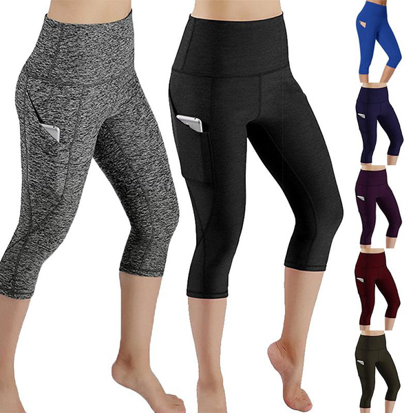 Ladies Cropped 3/4 High Waist Fitness Leggings with Pockets