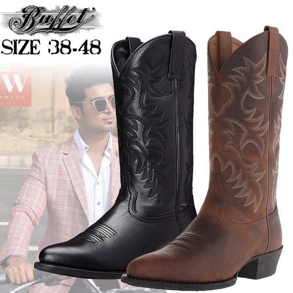 Fashion Mens Boot Mid Calf Western Cowboy Motorcycle Boots Male Autumn