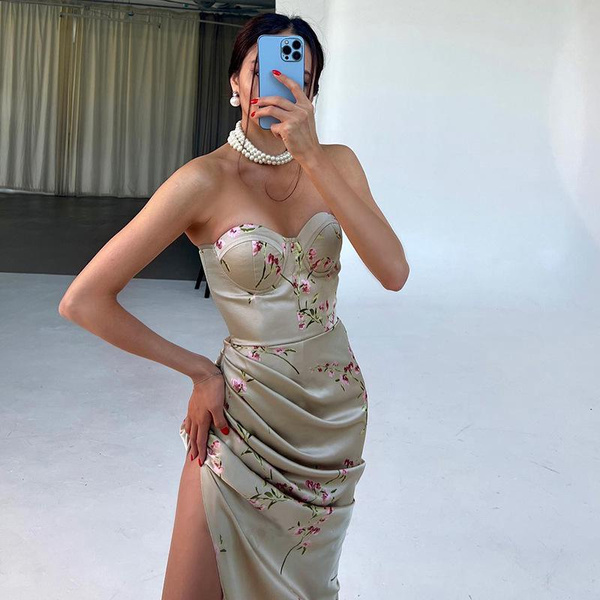 Fashionable Printed Sexy Tube Top Slim Fit Midi Dress