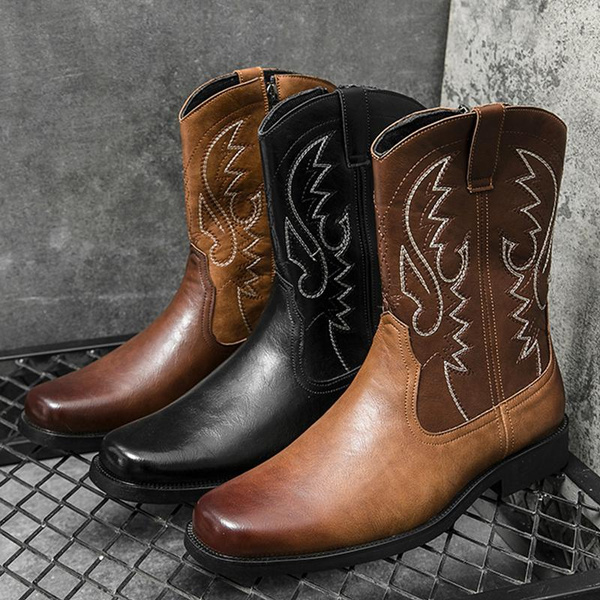 Men's Cowboy Boots Pu Western Boots High Quality Ankle Boots Mid Calf
