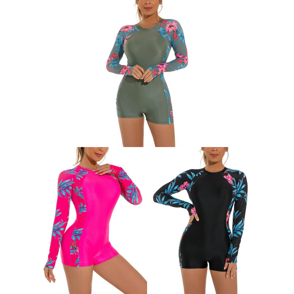 Women's Floral Print One Piece Swimsuit Athletic Training Swimwear Long