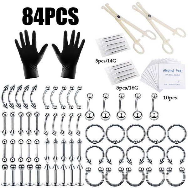 84Pcs/Set Body Piercing Kit Surgical Steel Threaded Taper Pin Needles