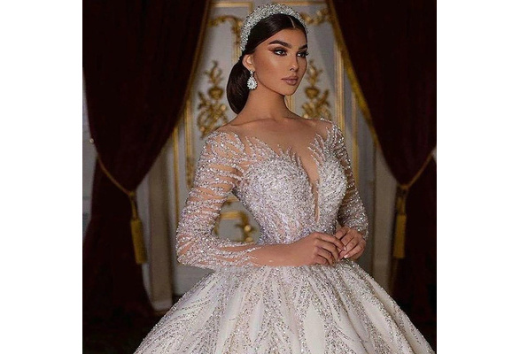GREOENEL AMOR 2024 Sexy Exquisite V-Neck Long Sleeves Ball Gown Wedding  Dress Sparkly Crystal Appliques Backless Beading Bridal Gown For Women WD90