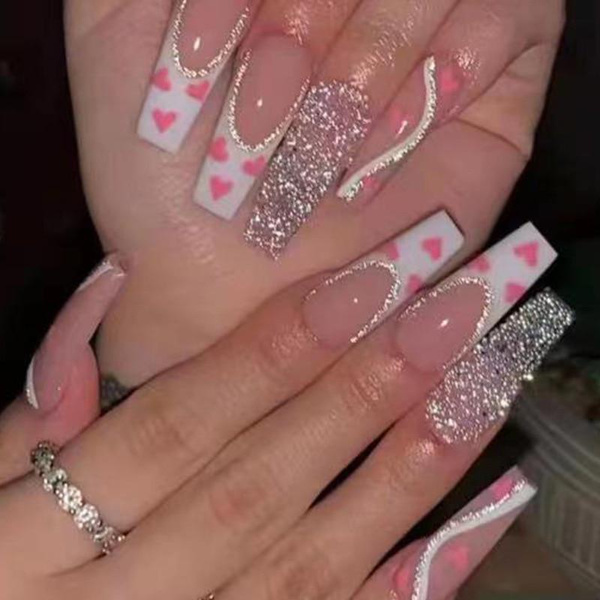 24pcs Silver Glitter Coffin False Nails Pink White Heart Design French  Ballerina Fake Nails Full Cover Nail Tips Press On Nails