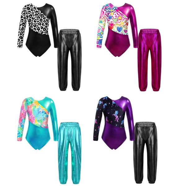 2pcs Kids Girls Shiny Metallic Gymnastics Leotards Cartoon Horse Print 