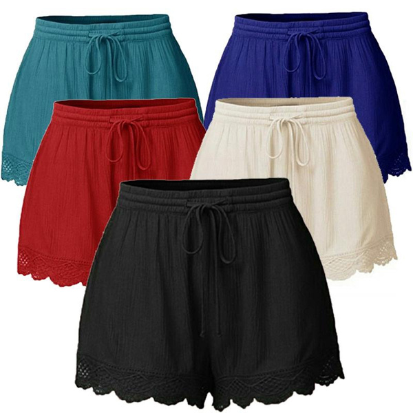Summer Women's Shorts,Cotton and Linen Elastic Waist Drawstring Lace Shorts  Lightweight Quick Dry Wide Leg Short Pants Plus Size Shorts for Home,  Shopping, Beach, Date,Daily Wear(S-5XL)