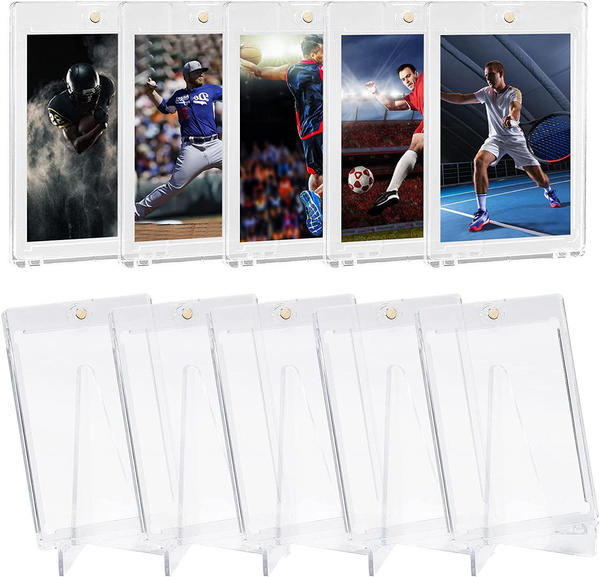 10 Count Card Holder Case 35pt, One Touch Baseball Card Holders with 5 Stands, Clear