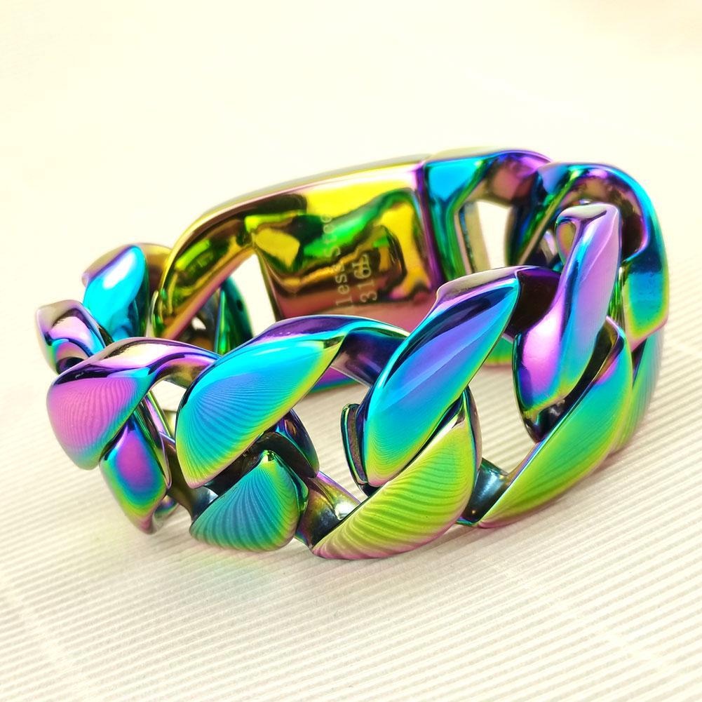 Rainbow Iridescent 32mm Man's Heavy Weight Bling Massive 316L Stainless Steel Bracelet_voghion.com