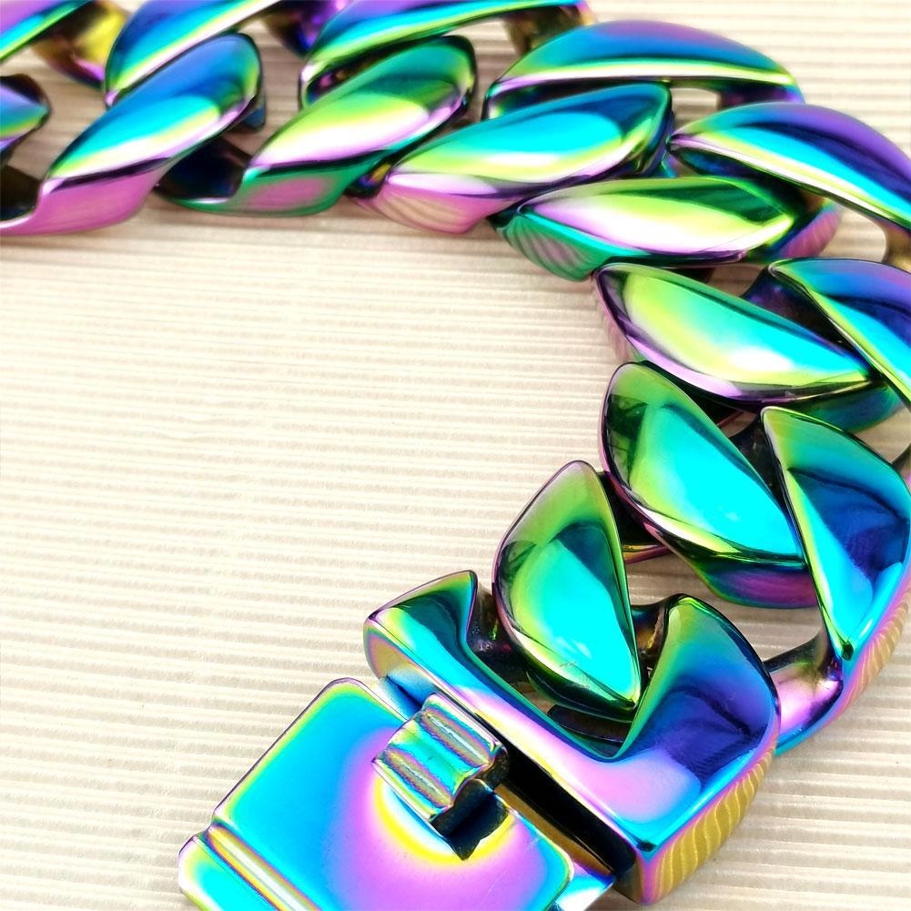 Pulseira masculina de aço inoxidável 316L com brilho pesado e iridescente arco-íris de 32 mm_voghion.com