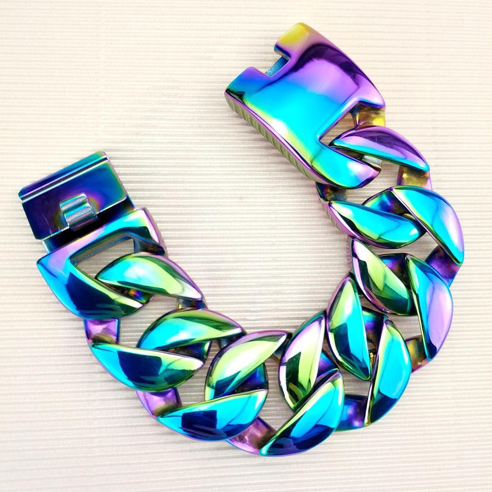 Pulseira masculina de aço inoxidável 316L com brilho pesado e iridescente arco-íris de 32 mm_voghion.com