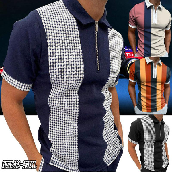 New Men's Fashion Plaid Polo T Shirt Slim Fit Striped Short Sleeved T ...