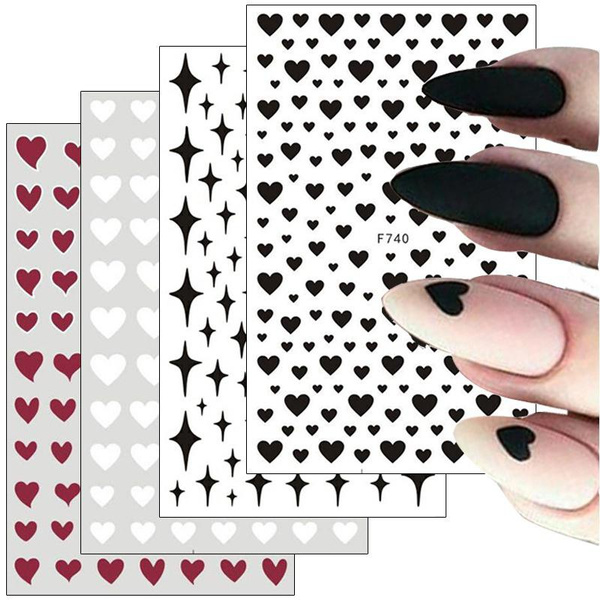 3D Love Heart Nail Stickers Red White Black Heart Star Design Adhesive
