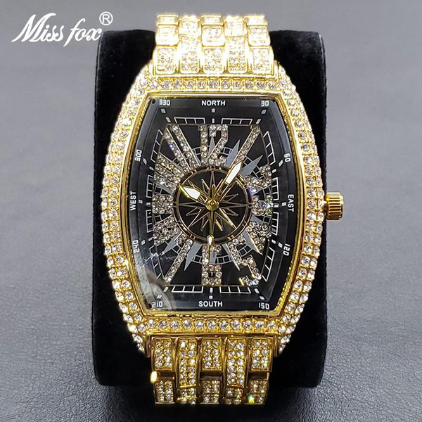 MISSFOX Luxury Men Crystal Watch Bling Iced-Out Tonneau Gold Black ...