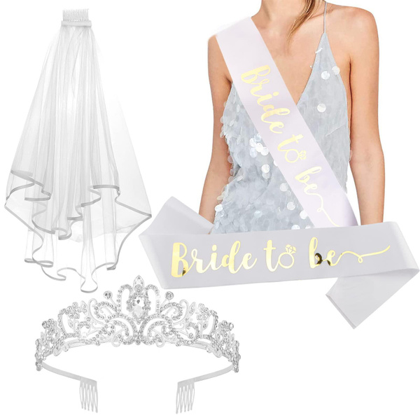 CIEHER Crystal Crown + Bride to Be Sash + Veil Set, Bachelorette Party