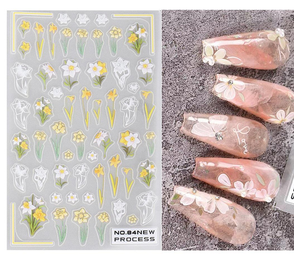 3D Nail Stickers White Yellow Flower Spring Charms Engraved Wedding