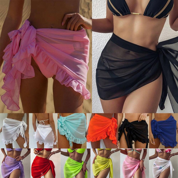 Womens Swimwear Chiffon Cover up Solid Color Beach Sarong Swimsuit Wrap  Skirt Bathing Bikini, White - Walmart.com