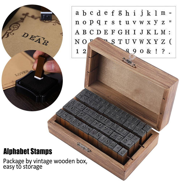 70PCS Vintage Wood Alphabet Letter Rubber Stamps Small Wooden Box