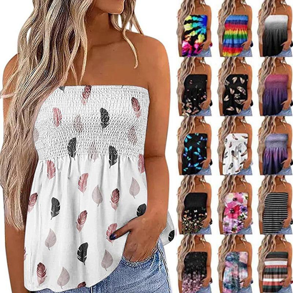 Women Strapless Bandeau Tank Elastic Tank Top Sleeveless Striped Gradient Tube  Tops Loose Off Shoulder Multicolor Summer Beach Tops