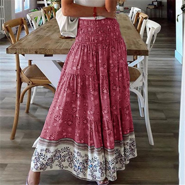 Womens Boho Floral Long Maxi Skirt Ladies High Waist Beach Ruffle