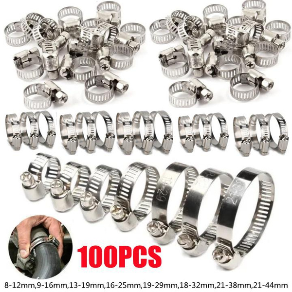 100PCS 10 Size Stainless Steel Pipe Hose Clips Spring Clamps Set ...