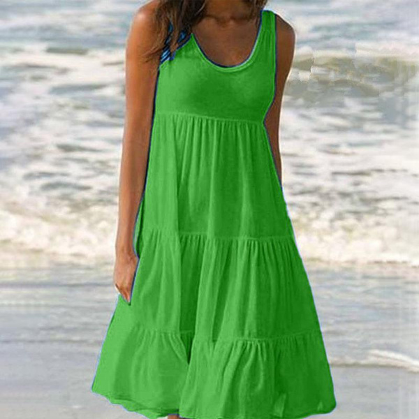 Women's Fashion Solid Color Halter Dress Summer Comfy Sleeveless Ruffle ...