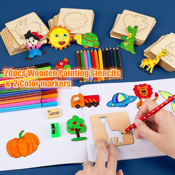 20pcs Kids Drawing Toys Wooden DIY Painting Template Stencils Learning 20pcs kids drawing toys wooden diy painting template stencils learning