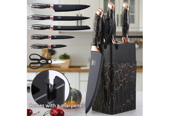 SHUOJI Black Kitchen Knife Sets 6 PCS Chef Slicing Bread Utility Paring  Knife with Peeler Cooking Tools Non Stick Blade Knife