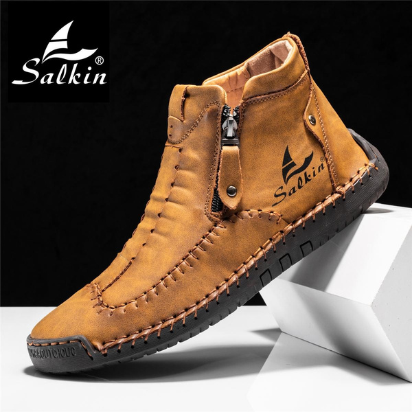 Salkin Mens Leather Loafers Vintage Hand Stitching Oxfords Shoes Chukka Bbots Ankle Boots Daily 1359