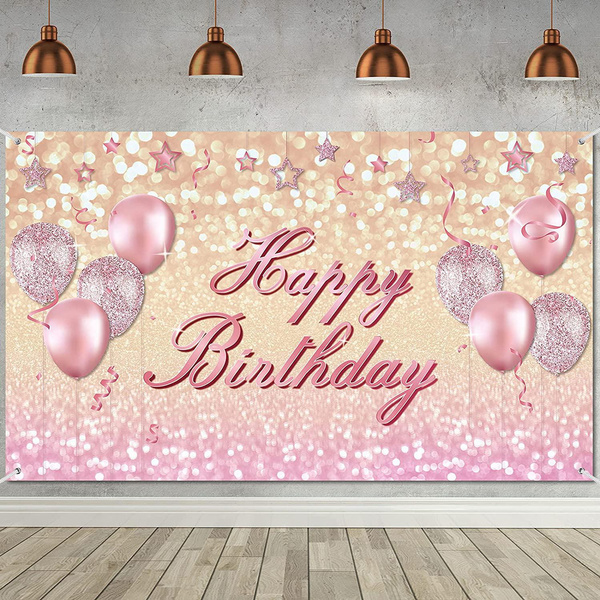 Fabric Pink Happy Birthday Backdrop Extra Large Rose Gold Balloon ...