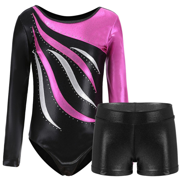 2 Pcs Girls Shiny Metallic Gymnastics Leotards Ballet Dance Leotards ...