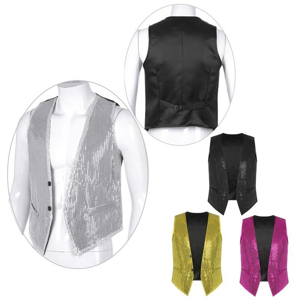 Mens Womens Sparkling Sequin Vest Button Sleeveless Waistcoat Vest for ...