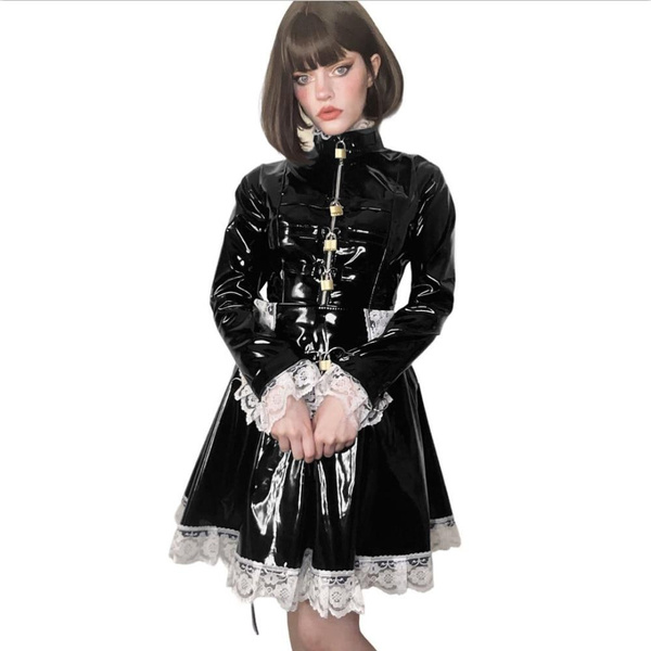 PVC Leather Cosplay Lolita Lace Maid Costumes Lockable Long Sleeve ...