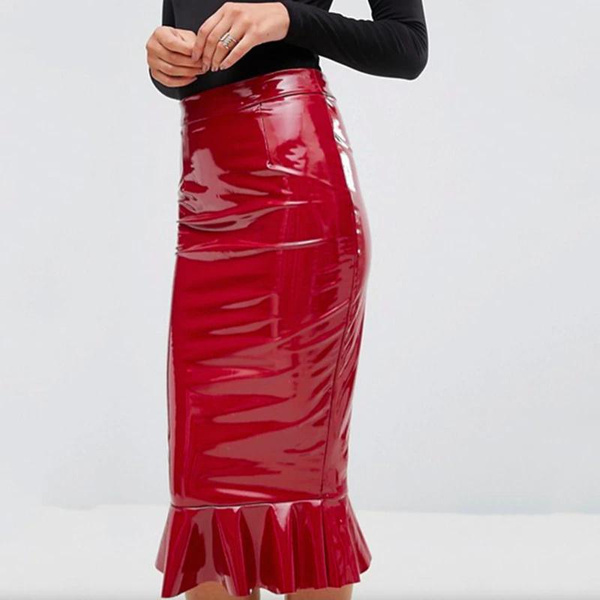 Women's High Waist Hobble Skirt – Faux Leather – Midi Length – Tight Pencil Maxi Skirt-549807
