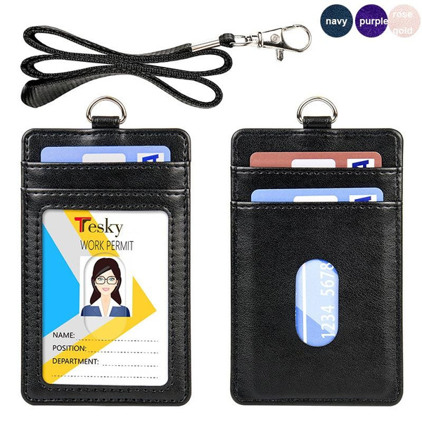 4 Card Slots ID Badge Holder with Retractable Lanyard,Vertical PU ...