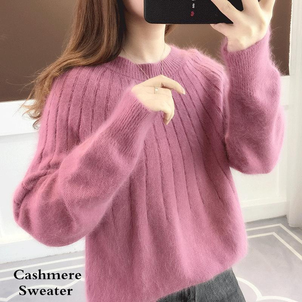 Wool Pure Cashmere Sweater Autumn and Winter Women Pullovers Warm Long Sleeve O neck Sweaters Women Loose Knitted Sweater Lazy Wind Sweater Pull