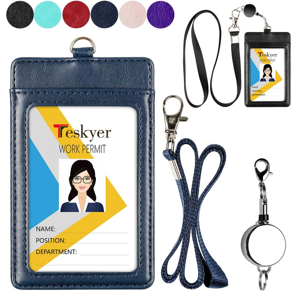 ID Badge Holder with Retractable Lanyard, Easy Swipe Premium PU Leather ...