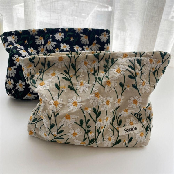 Cute Beauty Case Flower Printed Makeup Bag Pencil Case Cosmetic Bag  Corduroy Clutch Bag Embroidery