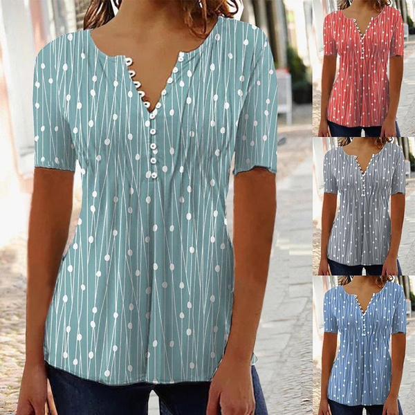 Ladies Fashion Casual Blouse Polka Dot Printed T Shirts Slim Fit Vneck