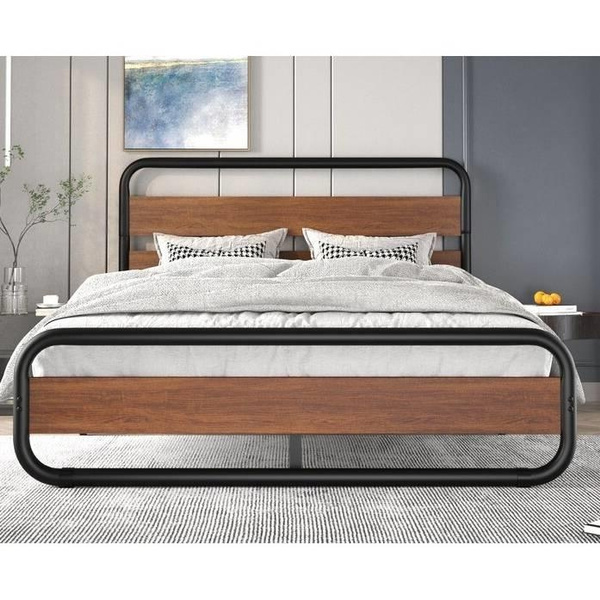 Full Heavy Duty Industrial Modern Metal Wood Platform Bed Frame with Headboard Wish