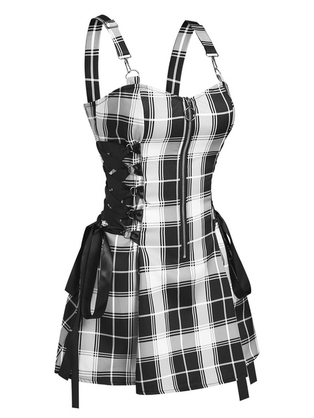Lace Up Black Checked O Ring Dress Vintage Gothic Sleeveless Bondage ...